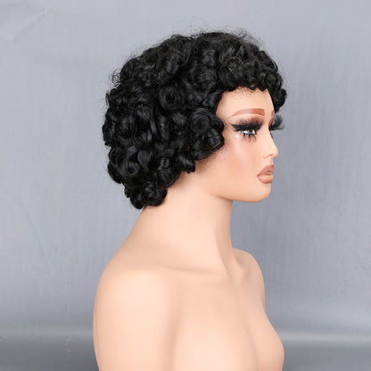 Tightly Curly Human Hair Machine Made Wig 200% Density Small Kinky Curly Full Cap Wefted Wig Natural Black BOSQUE Beauty