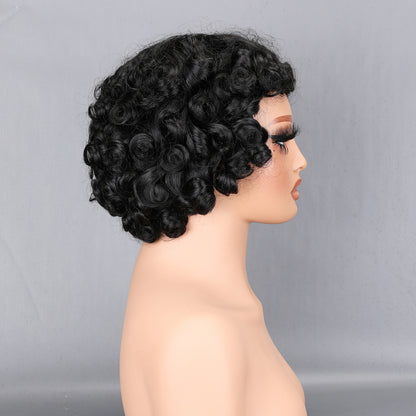 Tightly Curly Human Hair Machine Made Wig 200% Density Small Kinky Curly Full Cap Wefted Wig Natural Black BOSQUE Beauty
