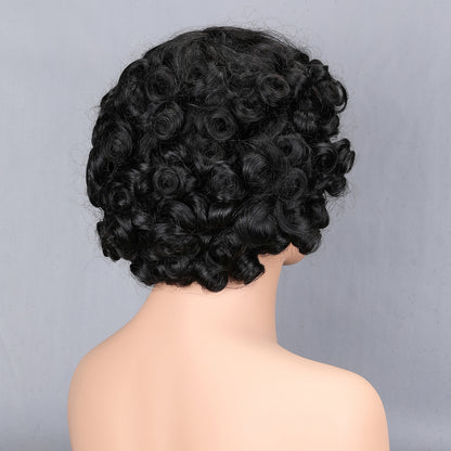 Tightly Curly Human Hair Machine Made Wig 200% Density Small Kinky Curly Full Cap Wefted Wig Natural Black BOSQUE Beauty