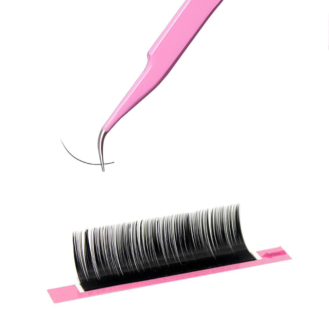 A pair of pink tweezers is clipping eyelashes

