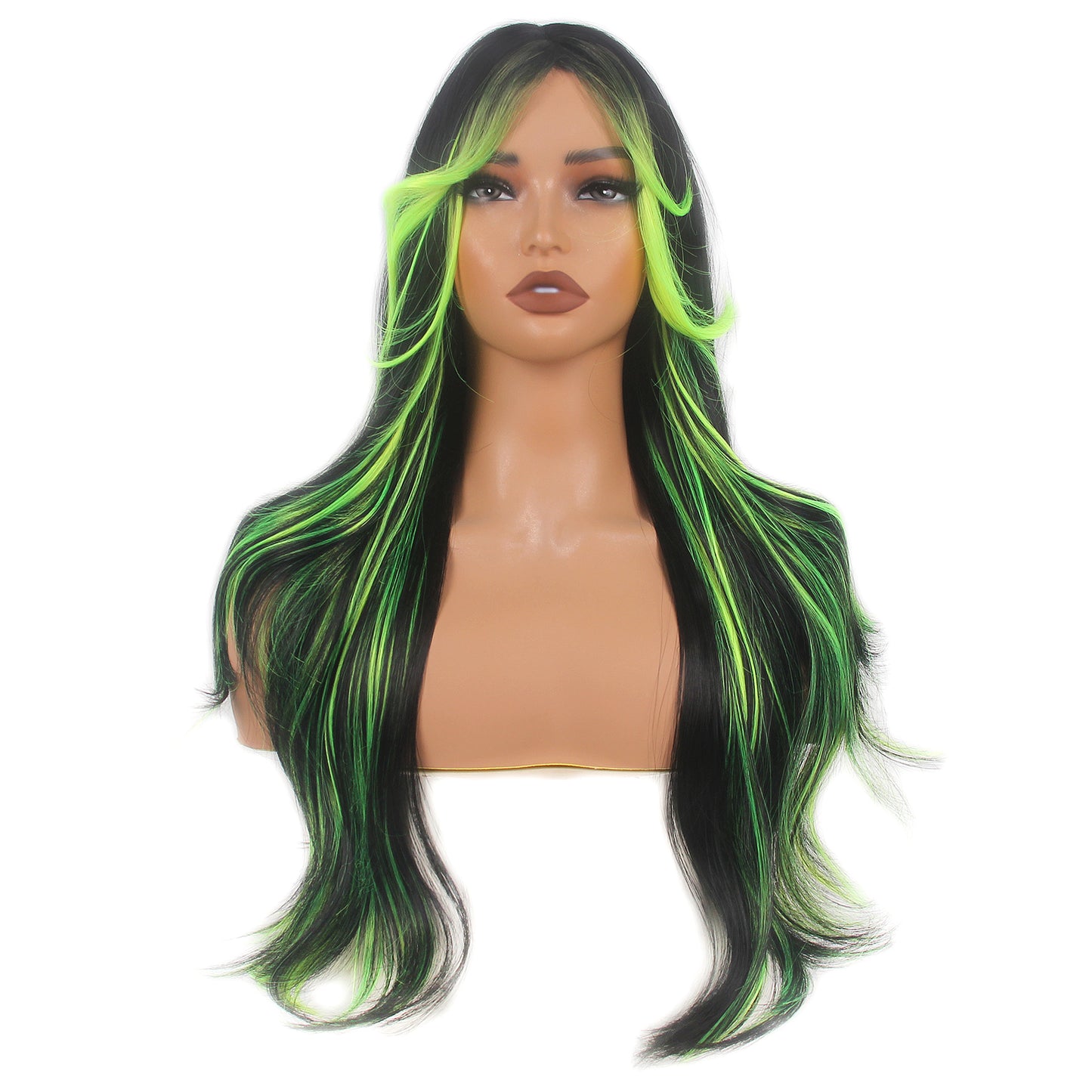 Long Black Green Layer Women Wigs Wavy Synthetic Curtain Hair Bangs for Cosplay, Halloween, and Everyday Use