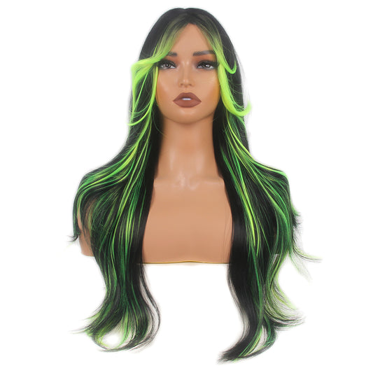 Long Black Green Layer Women Wigs Wavy Synthetic Curtain Hair Bangs for Cosplay, Halloween, and Everyday Use