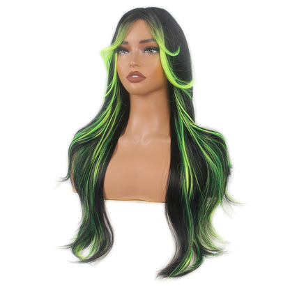 Long Black Green Layer Women Wigs Wavy Synthetic Curtain Hair Bangs for Cosplay, Halloween, and Everyday Use