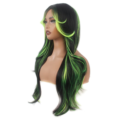 Long Black Green Layer Women Wigs Wavy Synthetic Curtain Hair Bangs for Cosplay, Halloween, and Everyday Use