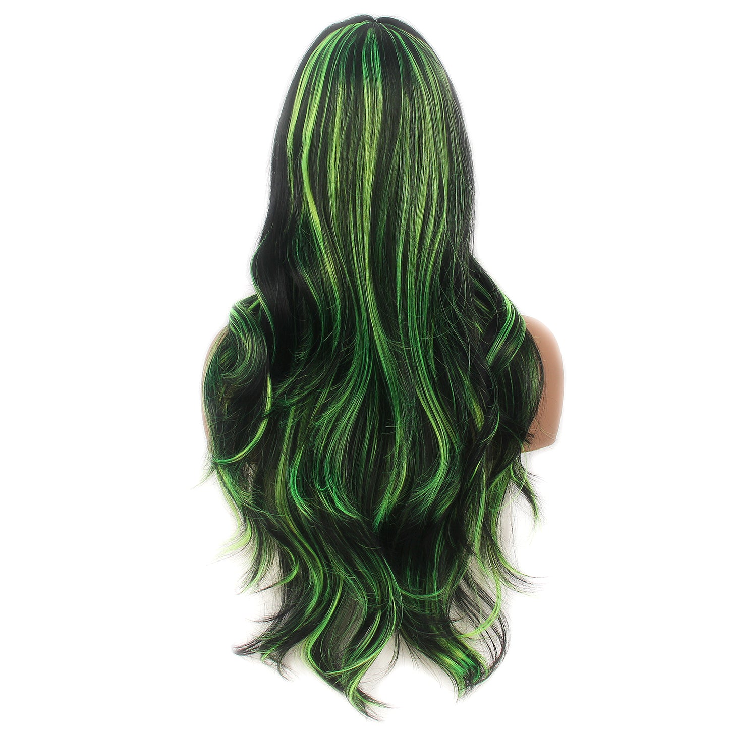 Long Black Green Layer Women Wigs Wavy Synthetic Curtain Hair Bangs for Cosplay, Halloween, and Everyday Use