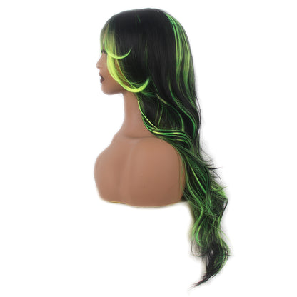 Long Black Green Layer Women Wigs Wavy Synthetic Curtain Hair Bangs for Cosplay, Halloween, and Everyday Use