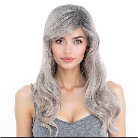 Pelucas de mujer de pelo sintético ondulado con capas grises largas para cosplay, Halloween y uso diario. 