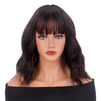 Brown Curly Bob Wigs with Bangs Short Waving Middle Length Synthetic Hair for Women