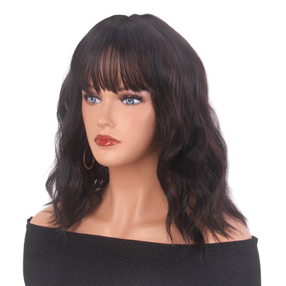 Brown Curly Bob Wigs with Bangs Short Waving Middle Length Synthetic Hair for Women