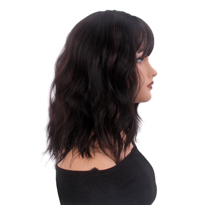 Brown Curly Bob Wigs with Bangs Short Waving Middle Length Synthetic Hair for Women