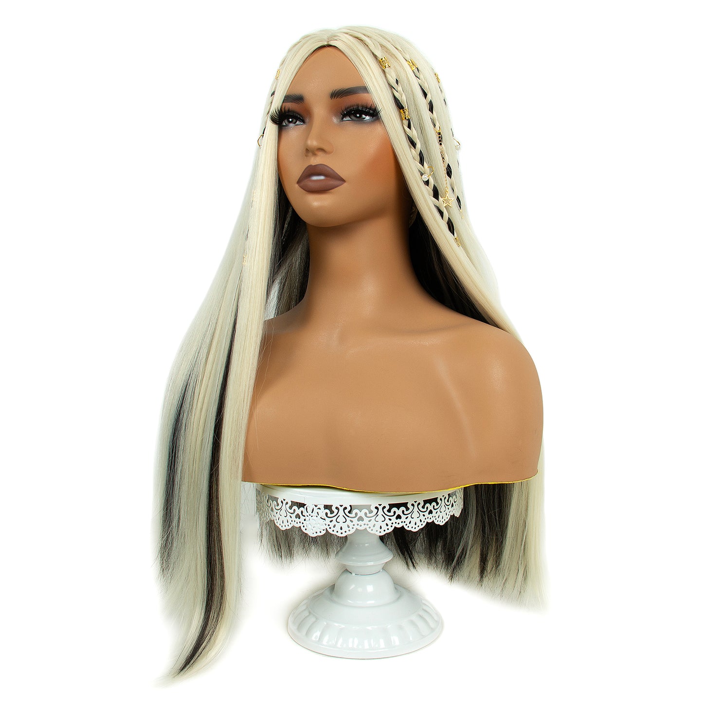 Long Blonde Black Staight Women Wigs with Hair Cuffs Heat Resistant Synthetic Hair
