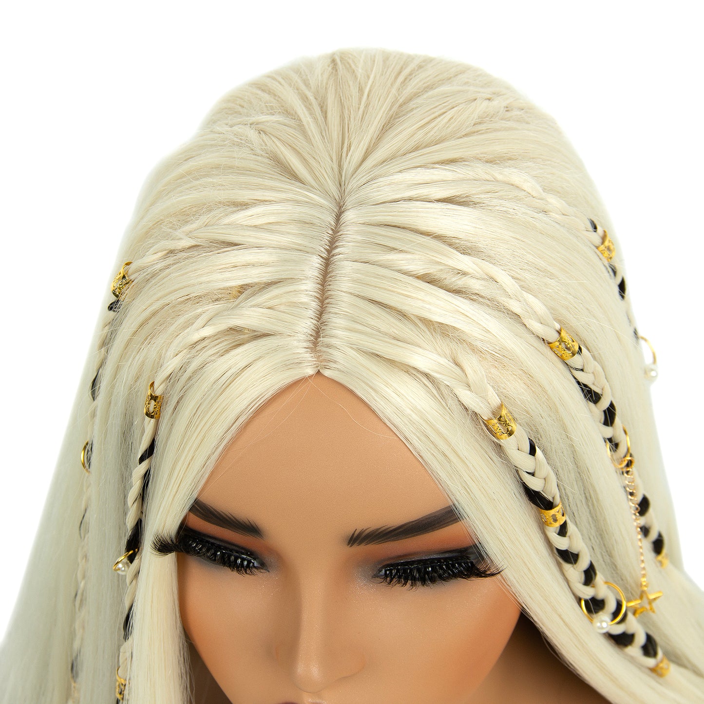 Long Blonde Black Staight Women Wigs with Hair Cuffs Heat Resistant Synthetic Hair