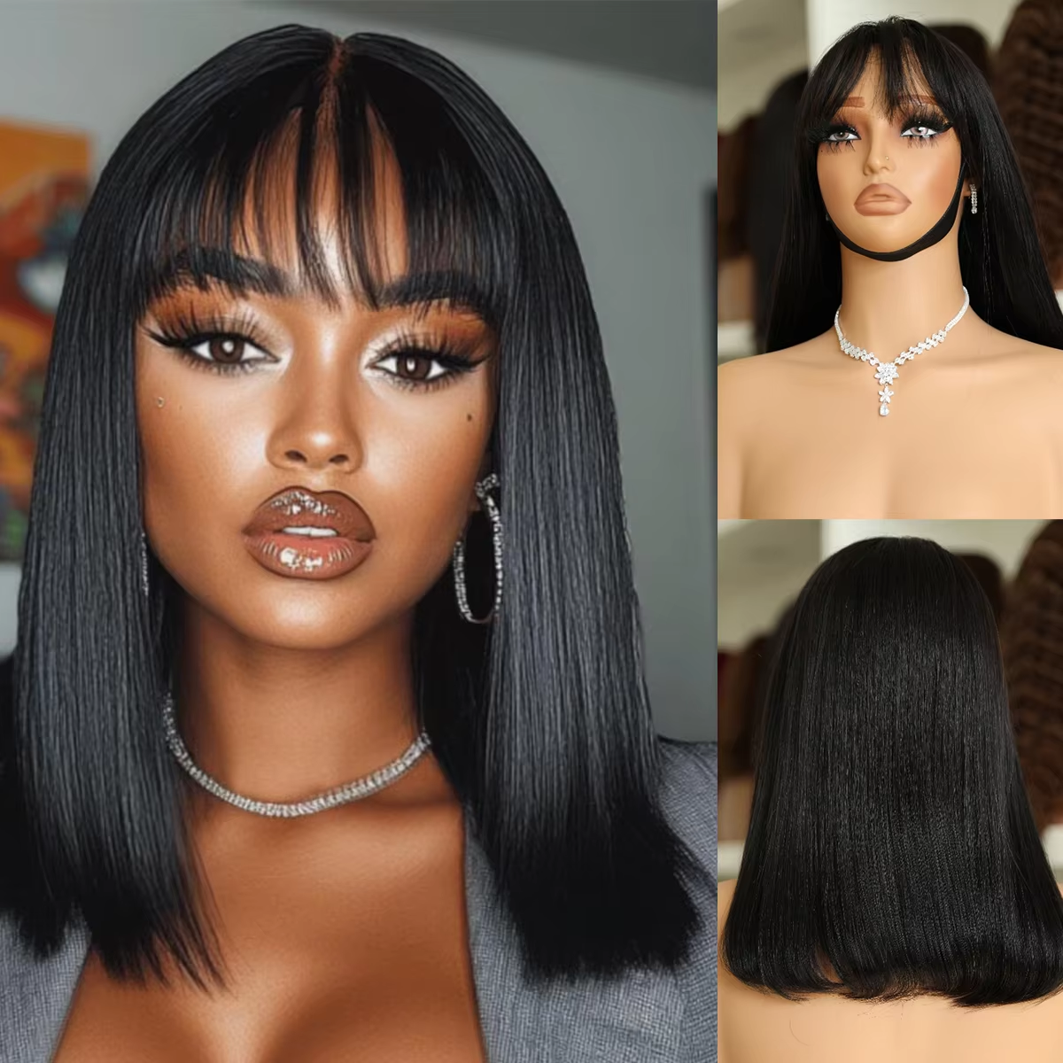 13x4 Lace Front Human Hair Wig 200% Density Short Bob Natural Black BOSQUE Beauty