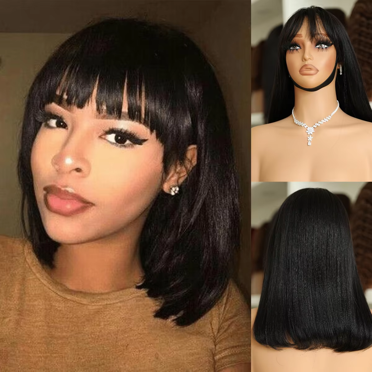 13x4 Lace Front Human Hair Wig 200% Density Short Bob Natural Black BOSQUE Beauty