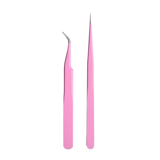 One pink curved eyelash tweezer and one pink straight eyelash tweezer
