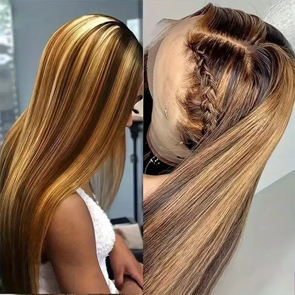 Straight Human Hair Lace Front Wig 13x4 200% Density With Piano Color Highlights Brown to Blonde Ombre Long Hair BOSQUE Beauty