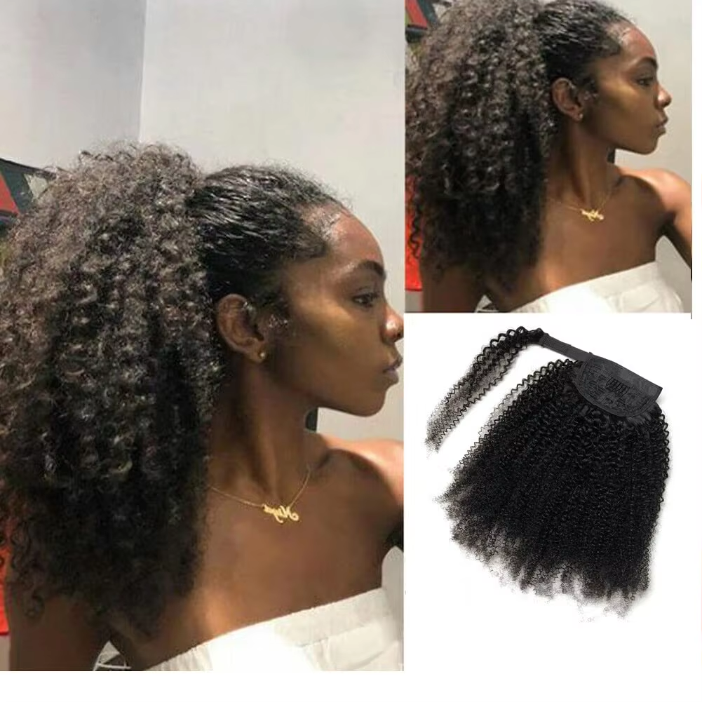 100% Human Virgin Hair Ponytail with Bouncy Curls Natural Black Color Pre-plucked Hairpiece for Women BOSQUE Beauty