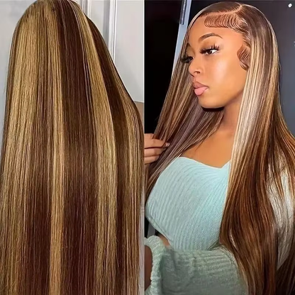 Straight Human Hair Lace Front Wig 13x4 200% Density With Piano Color Highlights Brown to Blonde Ombre Long Hair BOSQUE Beauty
