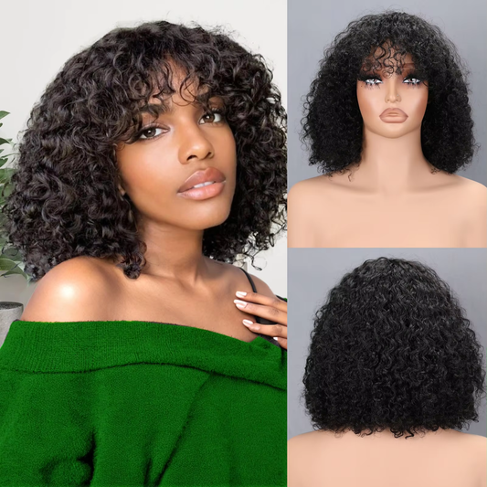 Curly Bob Wig Human Hair With Bangs 200% Density Short Curly Human Hair Wigs for Women Natural Black BOSQUE Beauty