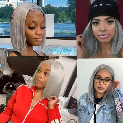 Human Hair Short Straight Bob Wig Silver Gray Human Hair Blend Middle Part Natural Looking Wig 200% Density BOSQUE Beauty