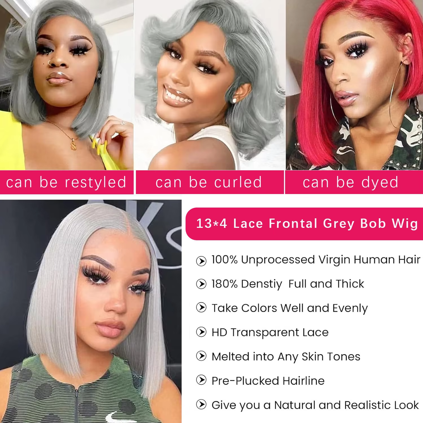 Human Hair Short Straight Bob Wig Silver Gray Human Hair Blend Middle Part Natural Looking Wig 200% Density BOSQUE Beauty