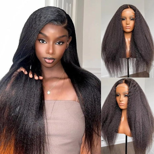 Kinky Straight Human Hair Wig Yaki Texture 200% Density Black Color Fluffy Long Hair Glueless Lace Front BOSQUE Beauty
