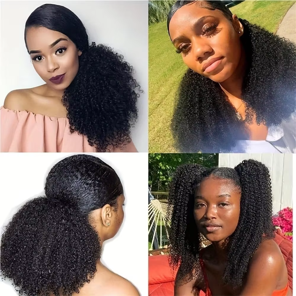 100% Human Virgin Hair Ponytail with Bouncy Curls Natural Black Color Pre-plucked Hairpiece for Women BOSQUE Beauty