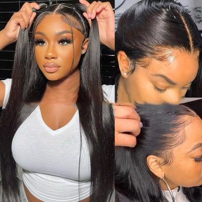 Lace Front Wig Human Hair 100% Natural Black Straight 200% Density 13x4 HD Transparent Lace Full Machine Made BOSQUE Beauty