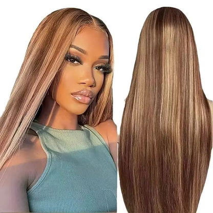 Straight Human Hair Lace Front Wig 13x4 200% Density With Piano Color Highlights Brown to Blonde Ombre Long Hair BOSQUE Beauty