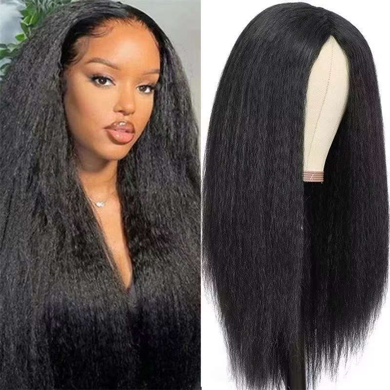 Kinky Straight Human Hair Wig Yaki Texture 200% Density Black Color Fluffy Long Hair Glueless Lace Front BOSQUE Beauty