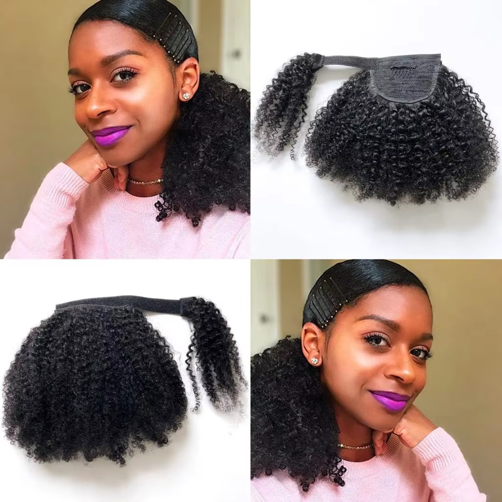 100% Human Virgin Hair Ponytail with Bouncy Curls Natural Black Color Pre-plucked Hairpiece for Women BOSQUE Beauty
